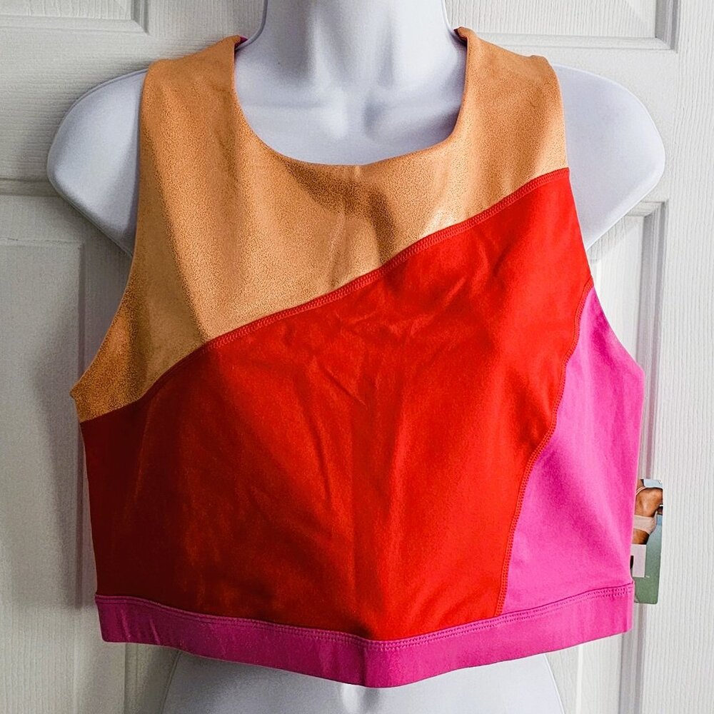 NWT Women's JoyLab Mesh Back Crop Top Sport Bra Block Orange Red Pink XL